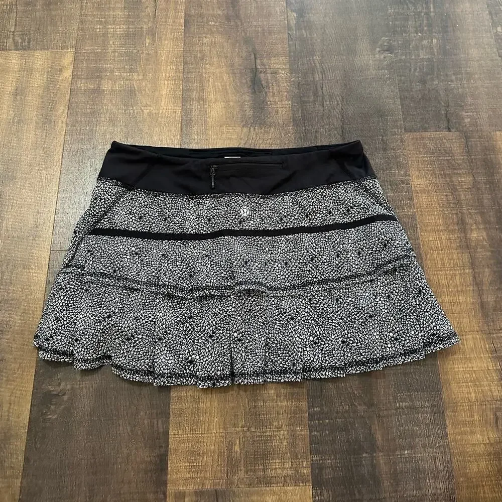 Lululemon Pace Rival Skirt Black White Floral Running Tennis Skort Size 8